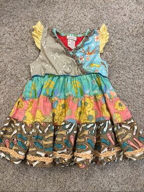 Matilda Jane Multicolor Mixed-Print Tiered Dress with Yellow Ruffled Sleeves